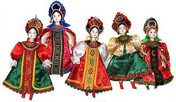 сувенирные поодвесные куклы из фарфора и текстиля, в русских костюмах