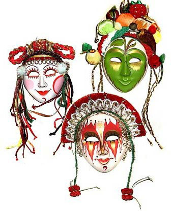 сувенирные карнавальные маски из фарфора и текстиля, средние